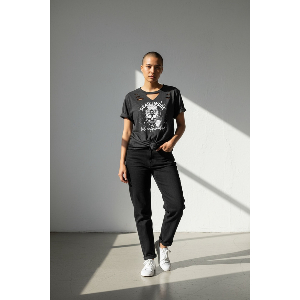 Caffeinated Bella + Canvas Distressed Short Sleeve Tee XL Black White Handmade - Picture 2 of 5